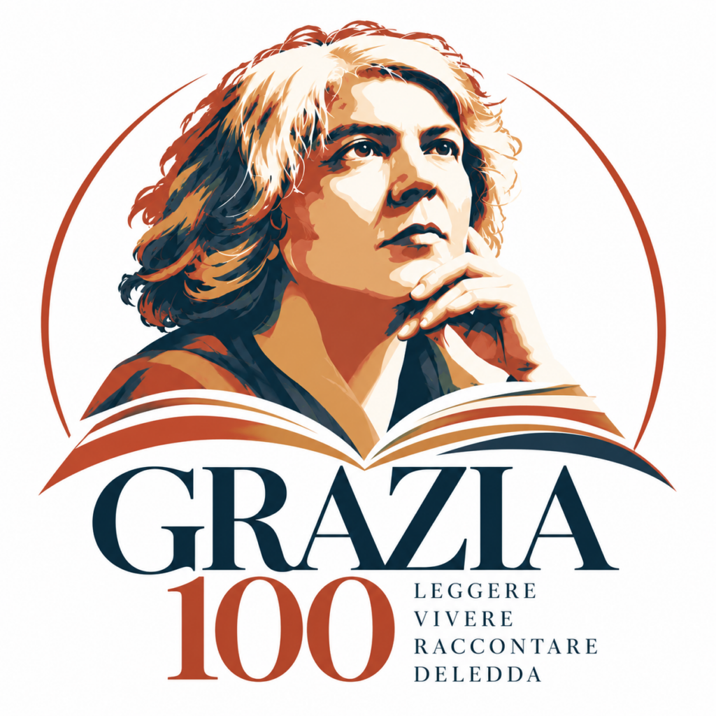Logo GRAZIA 100 – Leggere, vivere, raccontare Deledda, con il ritratto grafico di Grazia Deledda